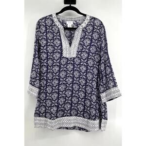 Sigrid Olsen Embroidered Cotton Blouse Size M Blue White Beachy Resort Boho